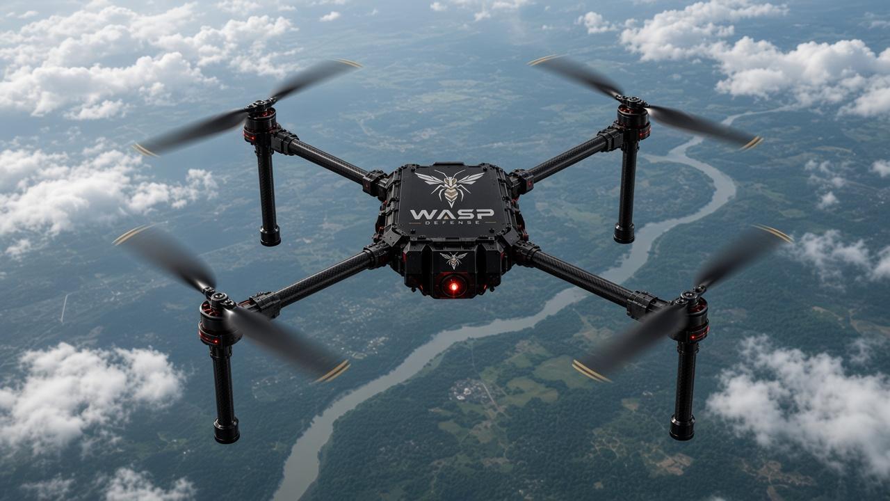 Projected look of WASP ONE holding station over a river valley, rotors turning